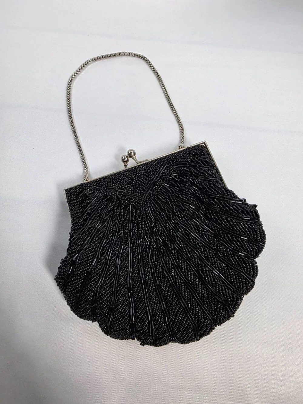Vintage Walborg Hong Kong Black Beaded Fan Clasp Evening Bag Flapper Art Deco